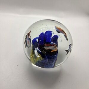 Vintage Murano Style Art Glass Aquarium Paperweight - Blue Base with Tropical...